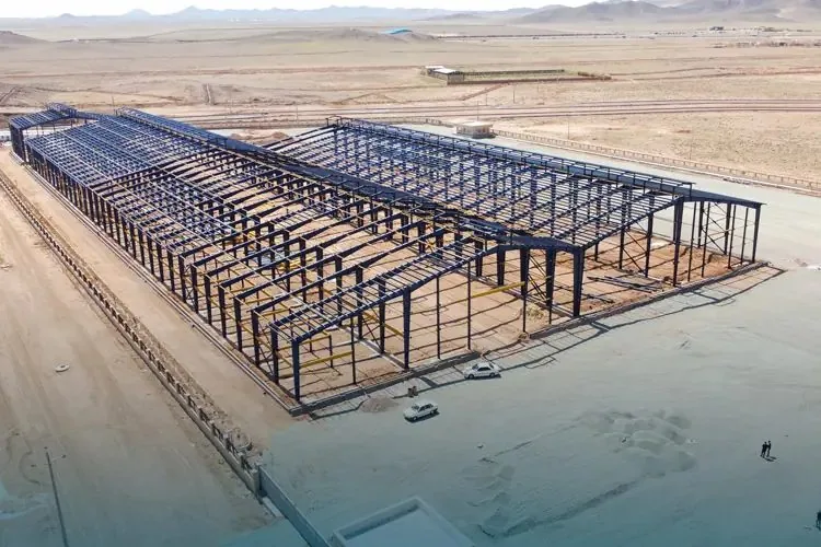 Aerial view of the long-span steel frames of the Cheetoz factory halls in Mamounieh Industrial City
